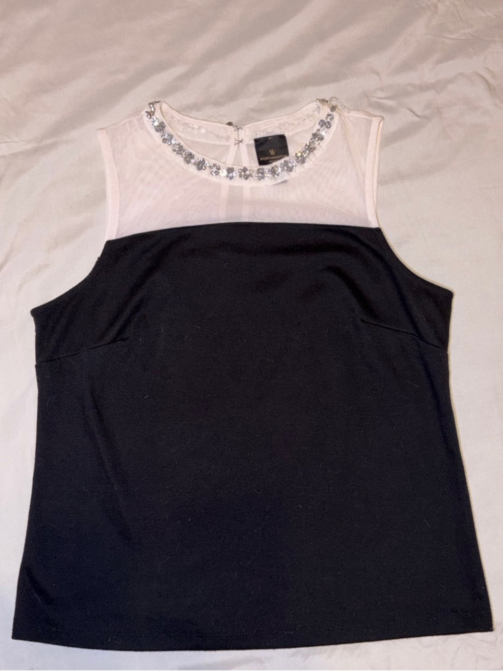 Worthington Black Halter Top with White Mesh Yoke and Jeweled Neckline